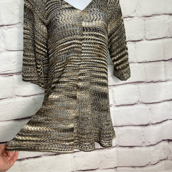 United States Sweater Brown Beige Black SZ L Tunic EUC V Neck Open Weave - Picture 5 of 9